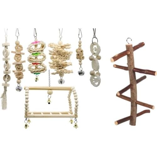 8 Packs Bird Parrot Swing Chewing Toys- Natural Wood Hanging Bell Bird Cage Toys Suitable for Small Parakeets