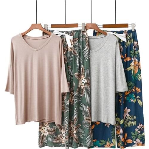 Summer 2021 New Viscose Pajamas Sets Ladies Short-sleeved Floral Print Homewear Femme Loose Pyjamas Cozy Sleepwear