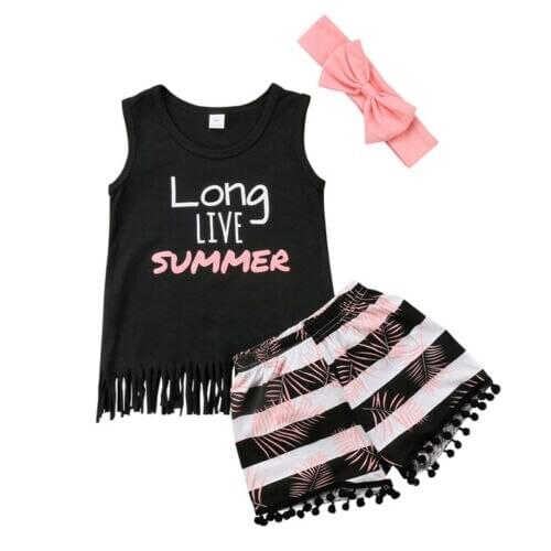 Summer Baby Kids Girls Toddler Tank Top Vest + Striped Shorts + Headband 3pcs Outfits Baby Casual Clothes Set