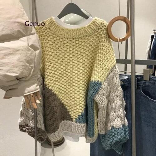 Neploe New O-Neck Panelled Twist Patchwork Pullovers 2021 Autumn Winter Loose Knitted Sweaters Puff Sleeve Women Jacket