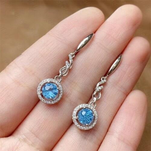 New natural blue topaz earrings, 925 silver womens earrings, luxurious and elegant design highlights feminine charm