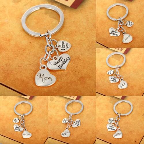 New Happy Birthday Family Key Chain Ring Heart Crystal Keychain Keyring Jewelry Charm Mom Dad Love Uncle Brother Daughter