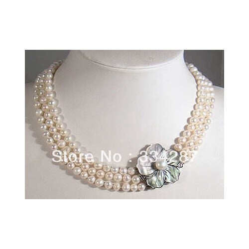 Natural freshwater 3Rows 7-8mm White Pearl Necklace Shell Clasp