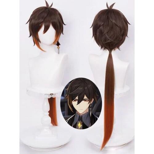 Genshin Impact Zhongli Cosplay 90cm Long Christmas Brown Orange Wig Cosplay Anime Wigs Heat Resistant Synthetic Wigs + Wig Cap