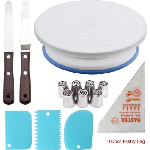 Plastic Cake Turntable Roating Base Cake Decorating Set Dough Knife Russia Piping Nozzles Dispossible Pastry Bags Cakes Stand
