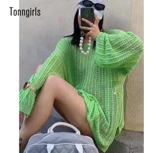 Tonngirls Pullovers Women Autumn Long Sleeve Hollow Out Knit Loose Streetwear O-neck Korean Style Breathable Female Sweater 2021