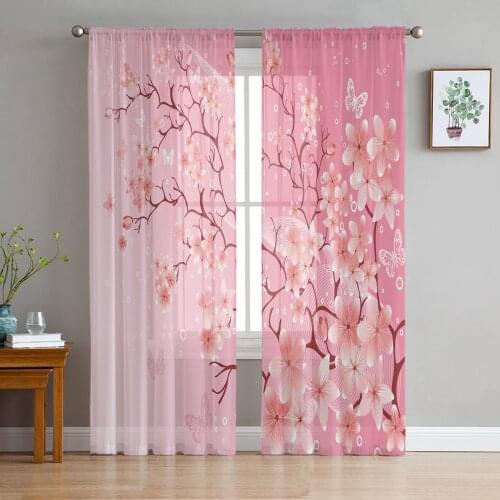 Cherry Blossom Butterfly Pink Tulle Curtains For Living Room Bedroom Voile Curtain Home Decoration Sheer Balcony Door Curtain