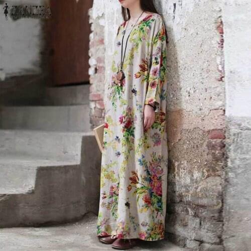 Vintage Floral Maxi Dress Womens Autumn Vestidos ZANZEA 2021 Casual Long Sleeve Printed Vestidos Female O Neck Robe