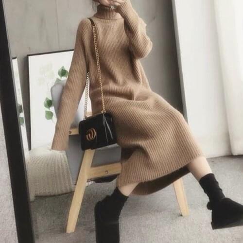 Lapel Knitted Sweater Dress Ladies Fall/Winter Stretch Cashmere Bottoming Shirt Mid-Length Over The Knee Thick Sweater Dress y2k