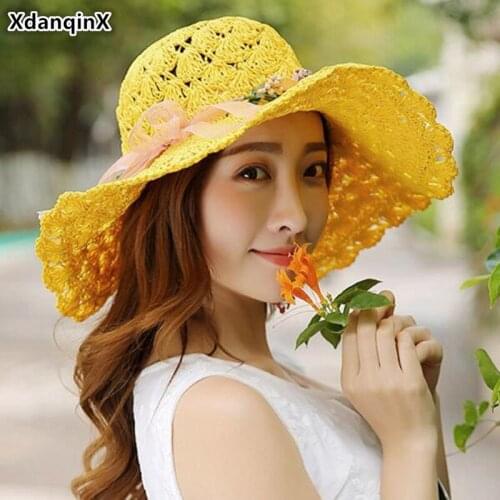 XdanqinX Foldable Womens Straw Hat Oversized Visor Sun Hat Fashion Breathable Beach Hat For Women Headwear Decorated Female Cap