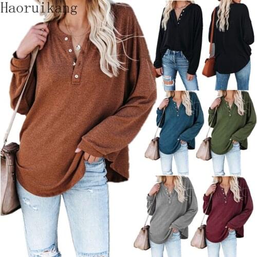 New Women Solid Color O Neck Buttons T-shirt Female Autumn Winter Long Sleeve Plus Size Pullover Tops
