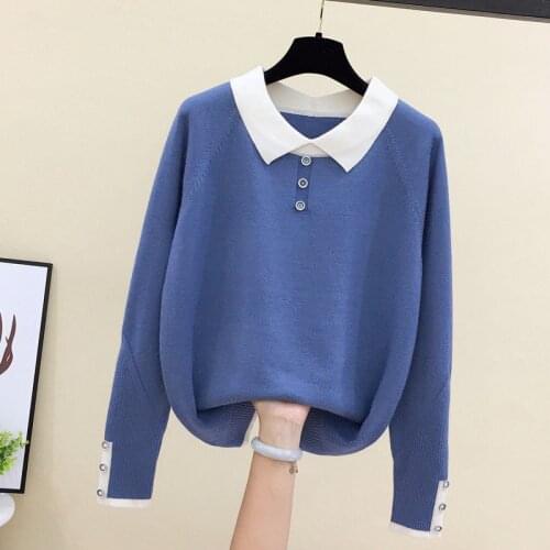 Shirt Collar Patchwork Knitwear Tops Women Plus Size 4XL Classic Button Knitted Pullovers Long Sleeve Korean Style Jumper