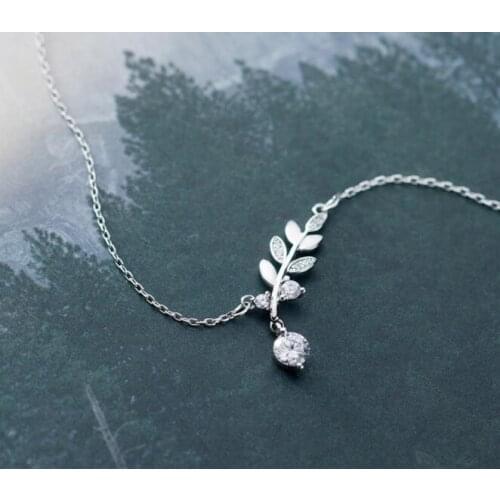 100% real Sterling Silver 925 Fine Jewelry white cz AAA+ Branch Bud Leaf Pendant Necklace C-D6637