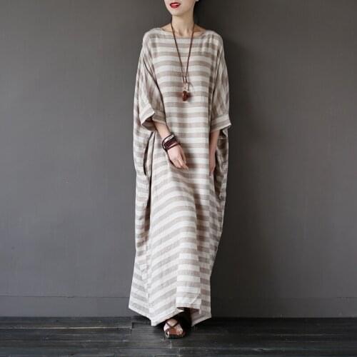 Spring And Summer Womens Dress Linen Five-Point Sleeves Striped Retro Literary Round Neck Made Old Washed Loose Large Size Robe