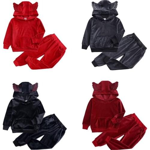 2021 Winter Girls Clothing Sets Kids Hooded Sweatshirt Pants Baby Boys Outfits Autumn Golden Velvet Costume Toddler Clothes Suit