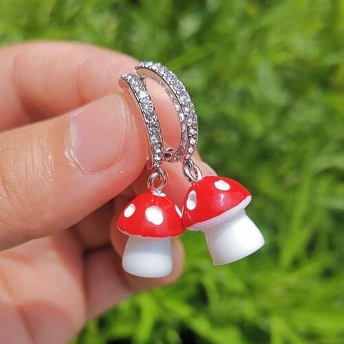 1Pair Cute Colorful Resin Mushroom Dangle Earrings For Women Girls Rhinestone Hoop Huggies Earrings Fashion Jewelry Gifts