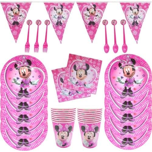 81pc-set Minnie Mouse Theme Baby Bath Birthday Party Cutlery Kids Party Decoration Cup Plate Banner Party Supplies Dinner sets