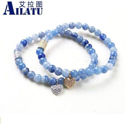 Ailatu Lovers' Gift 6mm Blue Aventurine Beads with Micro Paved Cubic Zirconia Heart Shaped Charm Bracelet