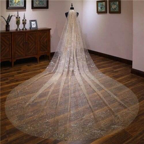 Champagne Gold Shining Sequins Spraying 5 Meters Long 3 Meters Wide Wedding Veil Silvver Luxury Bridal Chapel Veil With Comb