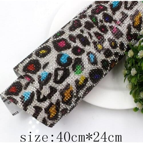 Shiny, SS6, 24x40cm Leopard rhinestone hot drilling mesh wedding dress mobile phone car decoration stickers self-adhesive