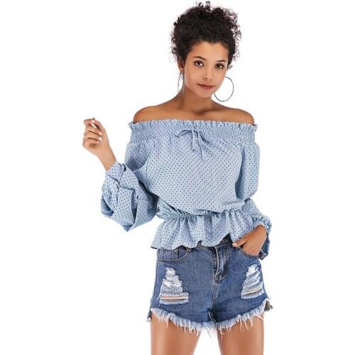 Chiffon Polka Dots Print Ruffle Slash Neck Long Sleeve Short Tops Shirt Women Casual Bandage Loose Streetwear Elegant Blouses