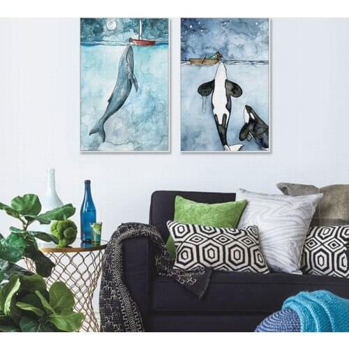 Nordic Decorative Painting Living Room Animated Cartoon Kiss Whale Mural Modern Minimalist Style Childrens Room Bedroom Canvas