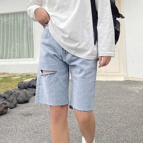 GLODTAOS 2021 Summer High Waist Ripped Hole Straight Short Pants Casual Loose Vintage Denim Jeans Shorts Harajuk Plus Size Woman