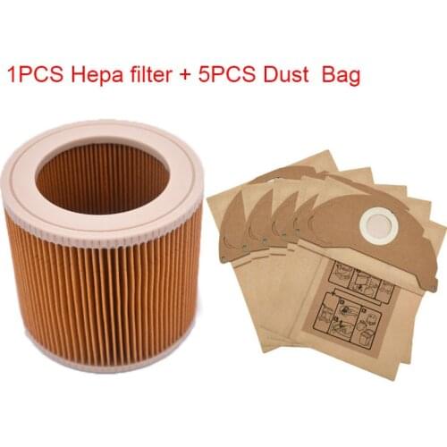 6pcs/lot Filter with Cap & Dust bag replacements For Karcher A2004 A2054 WD2.250 KAR64145520 Vacuum Cleaner Filter Parts