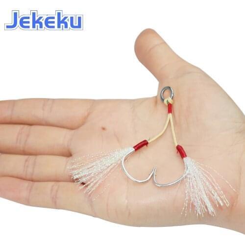 JEKEKU Sea Fishing Hook Shore Kevlar Line Fishing Hook Slow Jig Jigging Hook With Feather 1/0 2/0 3/0 High Carbon Steel