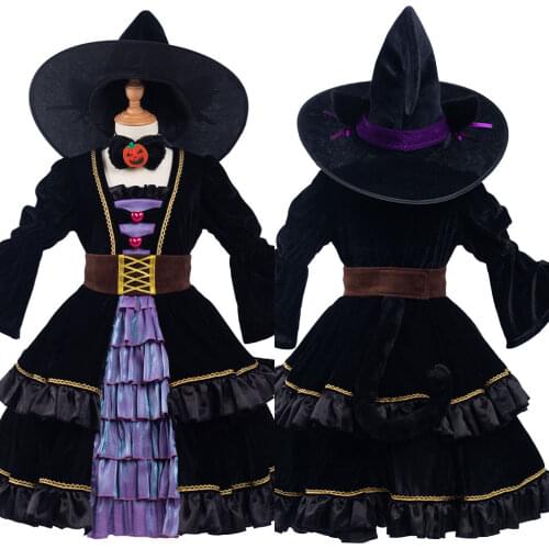Cat Witch Cosplay Costume Dress Outfit With Hat Halloween Carnival Suit For Kids Girls