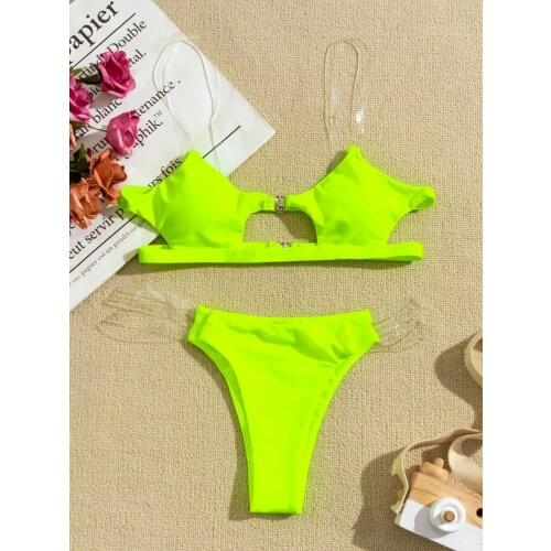 Swimwear Women Biquini Push-Up Padded Bra Solid Green Thong Neon Beach Bandage Bikini Set Beachwear Swimwear Bikini 2021 Mujer