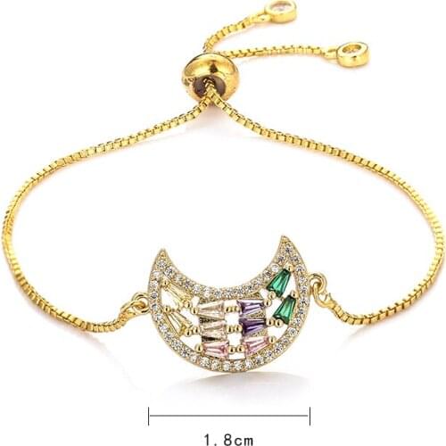 Fashion womens rainbow moon jewelry gold cz colorful zircon bracelet bangle adjustable chain bracelet for women