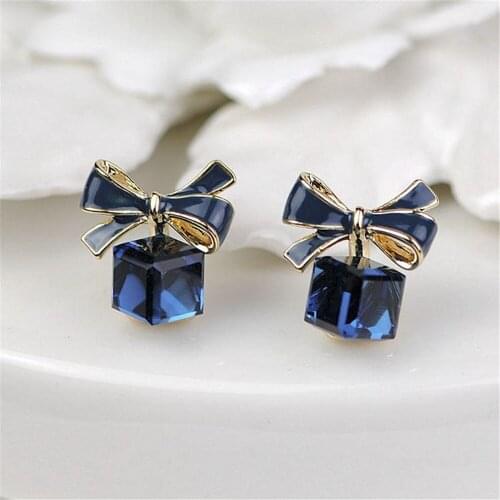 Fashion Gold Bowknot Cube Crystal Earring Square Bow Earrings Cute Sweet For Women Pretty Gift Jewelry