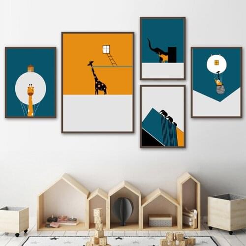 Cartoon Animals Bear Giraffe Elephant Wall Art Abstract Canvas Painting Nordic Posters and Prints Pictures Kids Room Decoration