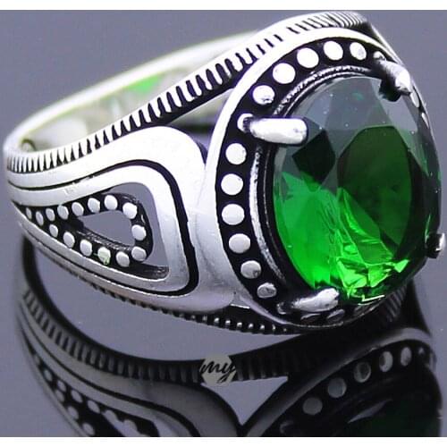 Solid 925 Sterling Silver Green Emerald Stone Mens Ring