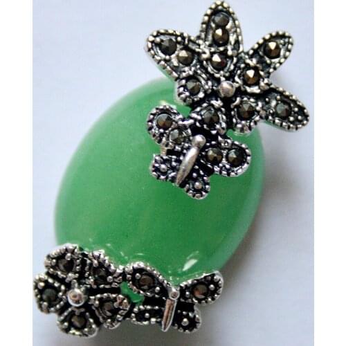 New 925 Sterling Silver 30*20mm Natural Green jade Marcasite Flower Pendant