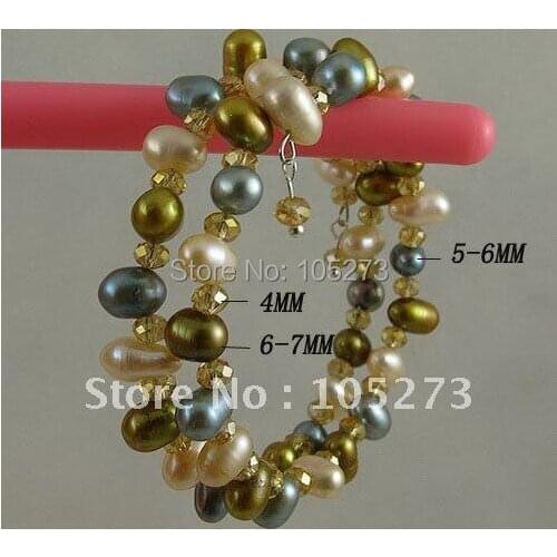 Wholesale Nice bracelet AA 5-7mm Multicolor Genuine fresh water pearl &Gold champagne crystal 2rows Bracelet