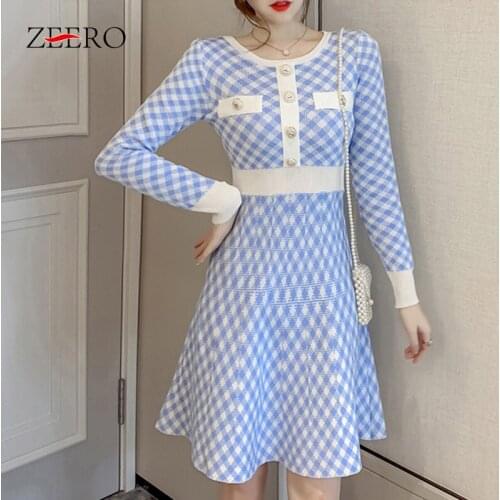 Autumn Female Plaid Vintage O-Neck Knitting Dress Women Splicing Single-breasted Long Sleeve High Waist Pullover Mini Dresses