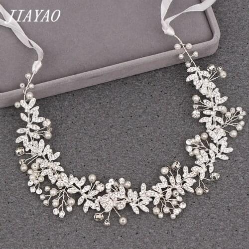 Rhinestone Leaf Bridal Headband With Pearl Wedding Hair Ornaments Bride Hairband Head band Silver Color Leaves Wedding Headband
