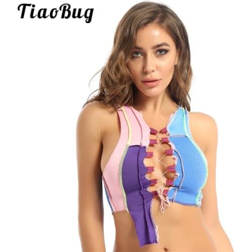 Ribbed Colorful Patchwork Tank Crop Top Women Hollow Lace Up Bandage Vest Y2K Aesthetic Sexy Tops Festival Rave Street Clubwear
