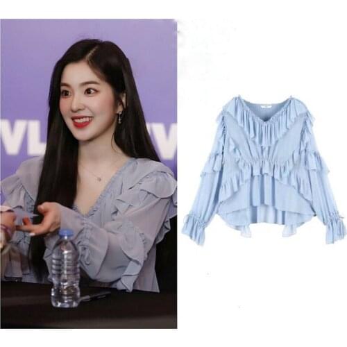 Kpop Korean Celebrity Summer new Slim V-neck Ruffles Chiffon Shirt Women Streetwear Wild Solid color Tops Long Sleeved Blouses