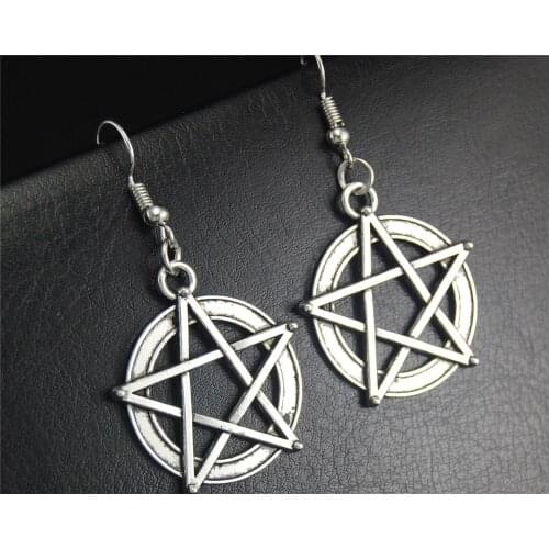 1pair(2pcs) Tibetan Silver Color Wicca Pentacle Dangle Drop Earrings Handmade DIY Jewelry E381
