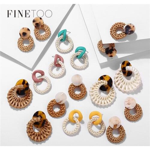 Handmade Bamboo Braided Geometric Wicker Straw Rattan Earrings Korean Fashion Tortoise Shell Acetate Wooden Statement Earrings