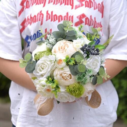 Wedding Hand Holding Silk Flower Artificial for Bride Bouquet Holding Flowers Champagne