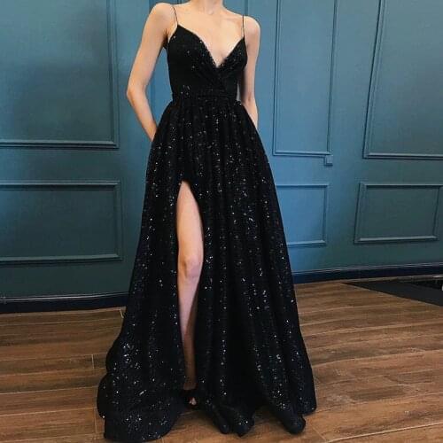 Evening Dress Sequins V-Neck Elegant Long Formal Gowns Spaghetti Straps Side Slit Vestido De Festa Abiye