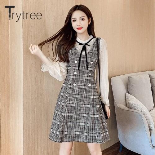 Trytree 2021 Spring Autumn Womens Dress Casual O-neck Bow Voile Petal Sleeve Patchwork Plaid A-line Elegant Office Lady Dress