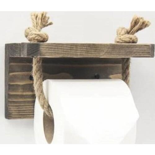 Vintage Antique Towel Hanging Rope Wooden Toilet Paper Holder Bathroom Decoration Supplies with Phone Shelf Tisue Roll