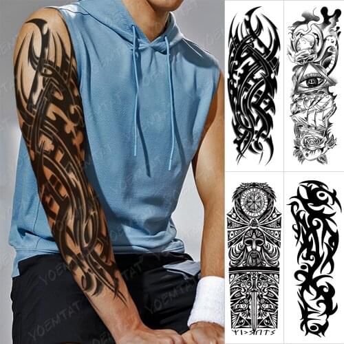 Waterproof Temporary Full Arm Tattoo Sticker Flame Totem Thorns Eye Clock Demon Flash Tatoo Man Body Art Fake Sleeve Tatto Women