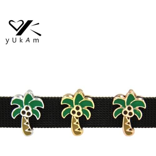 YUKAM Jewelry Green Enamel Plant Palm Coconut Tree Slide Charms for Stainless Steel Mesh Keeper Beach Bracelets Bangles Making