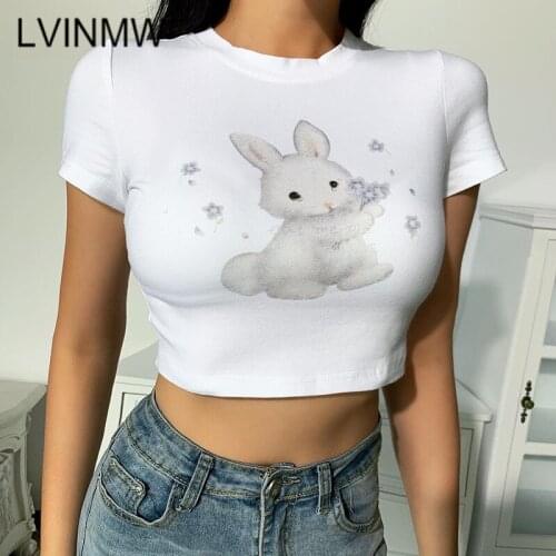 LVINMW Sexy Round Neck Short Sleeve Rabbit Print Crop Top 2020 Summer Women Basic Kawaii Cute Slim Harajuku tshirt Tops Street